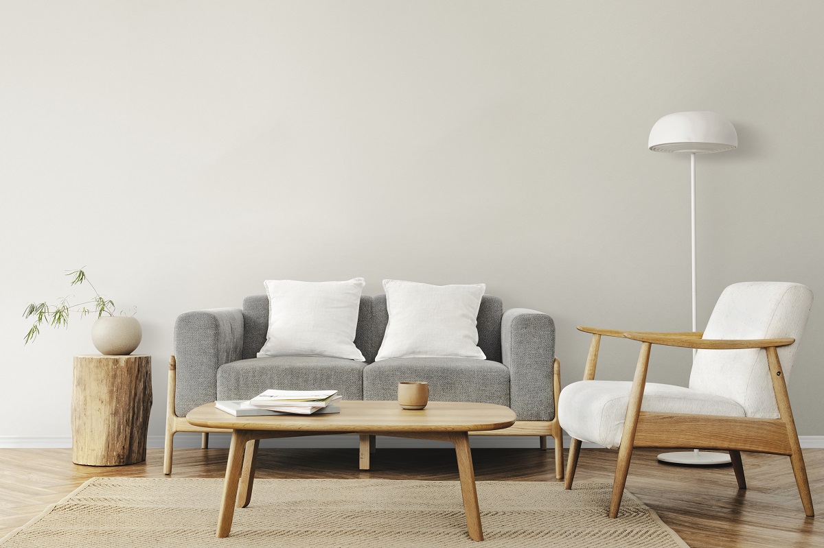 japandi living room with a gray couch