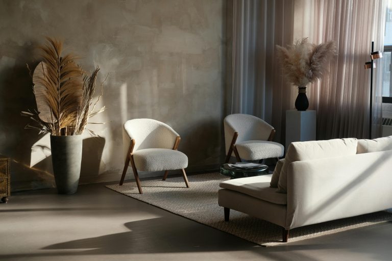 japandi living room with minimalist furniture and natural materials
