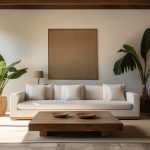 japandi-style living room with cream walls, a white couch, and two plants placed between it