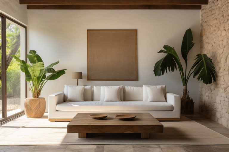 japandi-style living room with cream walls, a white couch, and two plants placed between it