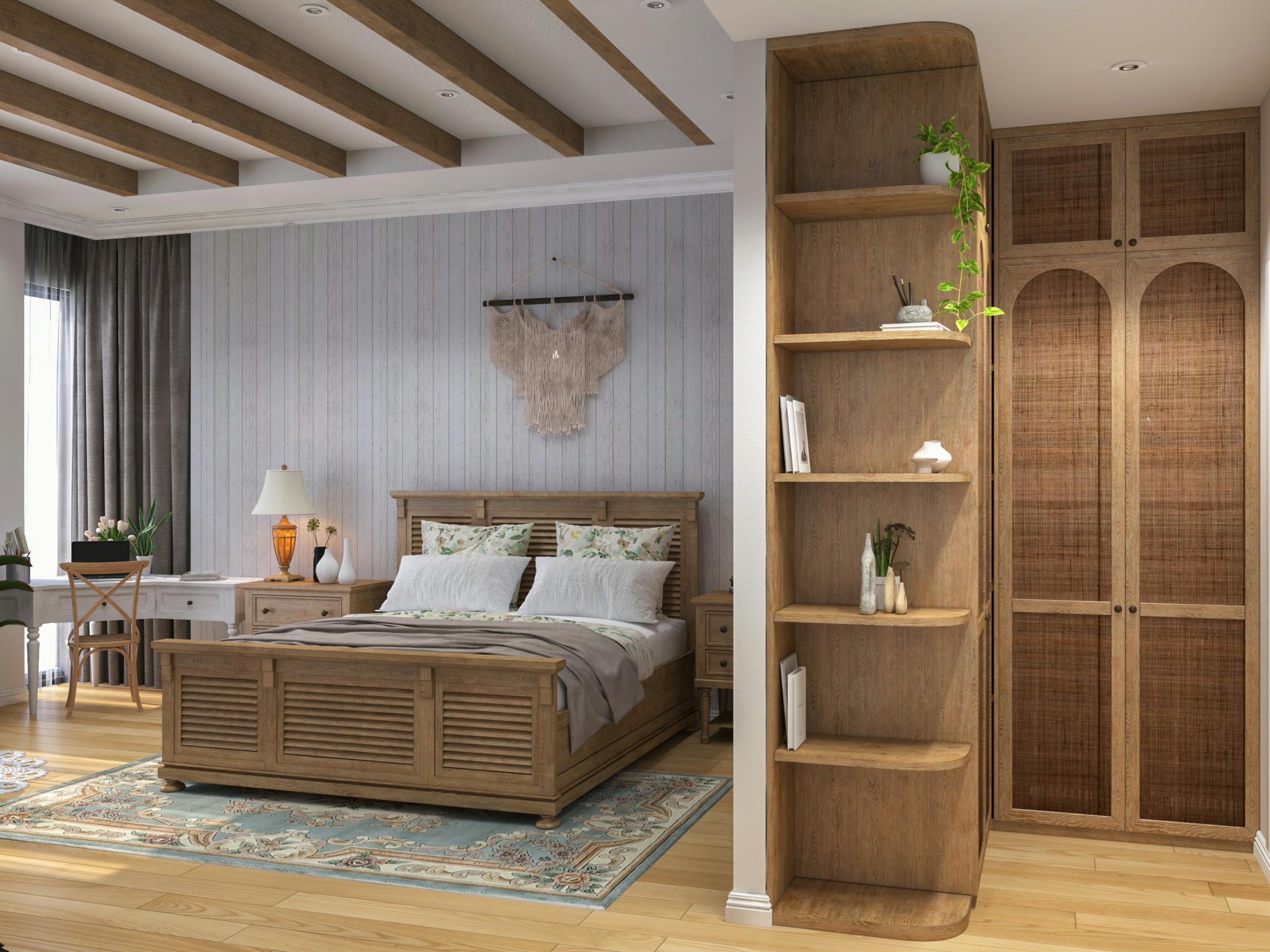 bedroom featuring a carpet beneath the bed and exposed dark ceiling beams